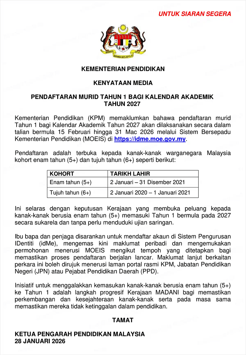 daftar tahun 1 2027 Cara Daftar Kemasukan Murid Ke Tahun 1 2027 Online (Darjah Satu)
